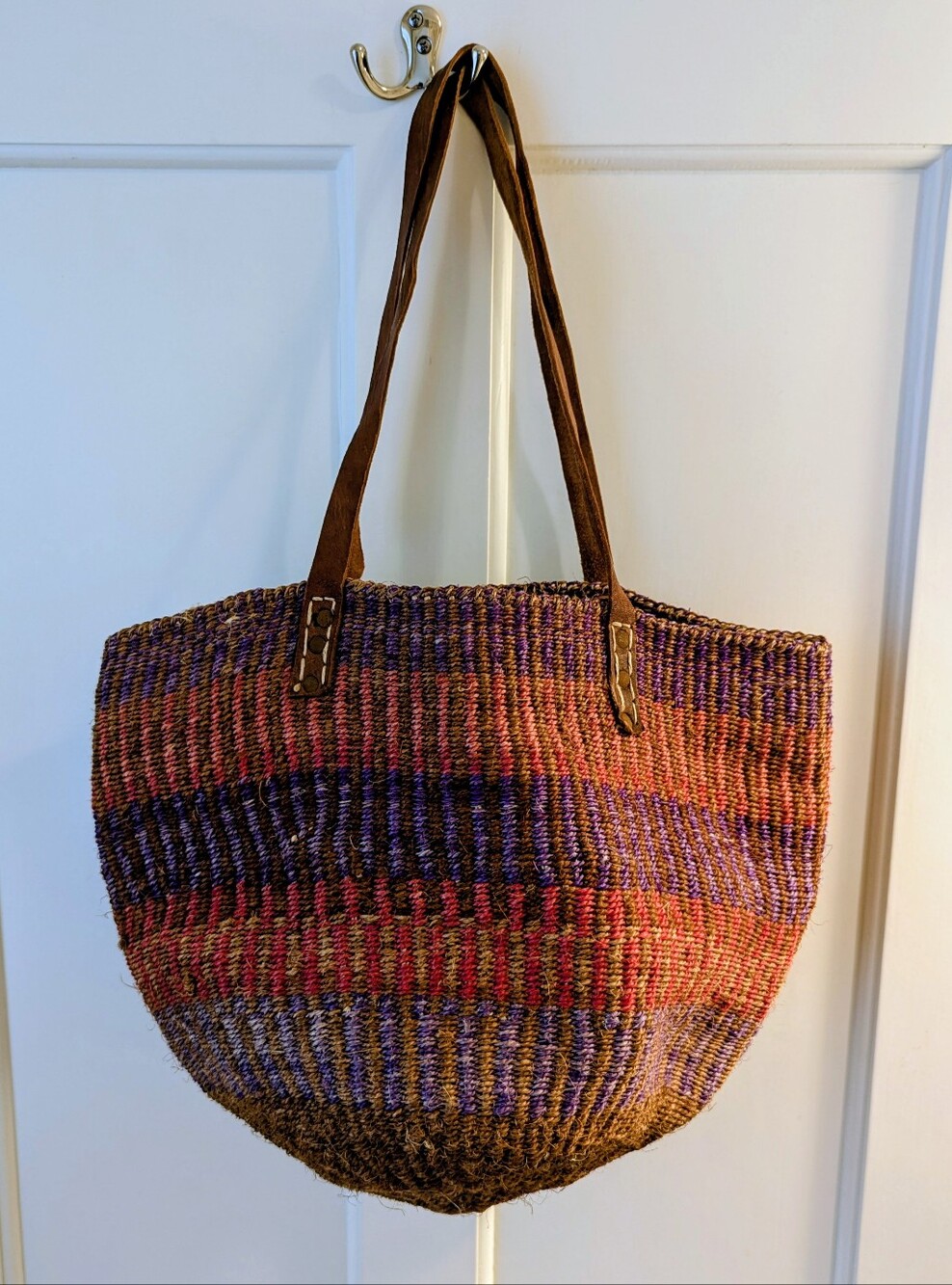 Handwoven Jute Red And Purple Tote with Leather Straps